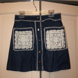 Denim skirt with white crochet detail